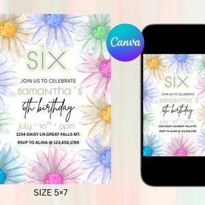 Pastel Daisy Birthday Invitation, Girl Flower Birthday Party Invite, Colourful Watercolour Daisy, Floral Girls Party Invite, Rainbow Flowers