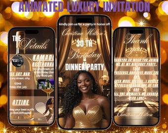 Animated Gold Birthday Invitation Video, Elegant Birthday Dinner Party Evite, Editable Canva Template, Luxury Digital Invite
