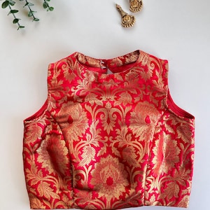Red Brocade Sleeveless Blouse