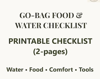 Go-Bag Food and Water Checklist Printable - 3-Day No-Cook Meals & Hydration - 2-Page PDF