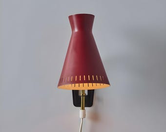 Vintage Red Cone Wall Sconce – Mid-Century Modern Adjustable Brass Wall Light with Plug-In Option Sputnik Wall Lamp