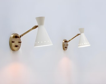 Mid-Century Modern White Diabolo Brass Wall Sconce – Italian Stilnovo Articulating Light | Adjustable Cone Vanity or Bedroom Lamp