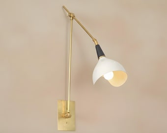 Mid-Century Adjustable Brass Wall Sconce Italian Modern Wall Lamp with White Metal Shade Handmade Swing Arm Light Fixture