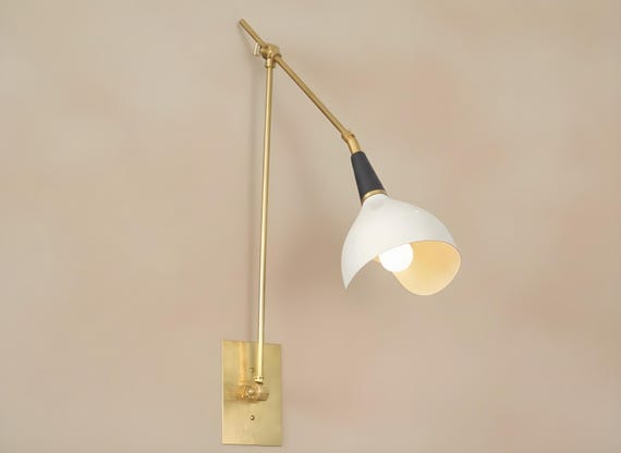Mid-Century Adjustable Brass Wall Sconce Italian Modern Wall Lamp with White Metal Shade Handmade Swing Arm Light Fixture