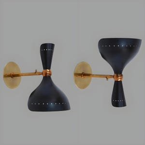 Pair of Mid-Century Modern Italian Brass Wall Sconces – Stilnovo Style Double Cone Adjustable Wall Lights, Black & Brass Wall Lamps