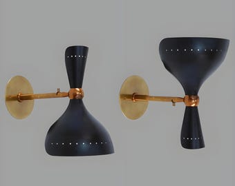 Pair of Mid-Century Modern Italian Brass Wall Sconces – Stilnovo Style Double Cone Adjustable Wall Lights, Black & Brass Wall Lamps