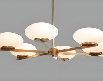 1950s Mid Century Modern 6 Light Brass Chandelier Handmade Italian Pendant Ceiling Light Opaline Glass Globe Sputnik Chandelier