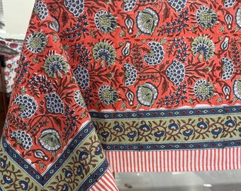 Indian Vintage dark salmon Block Print Cotton Table Cloth Boho Party Table Decor Rectangle/Square/Round With Napkins Set