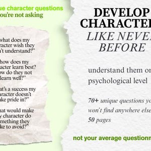 May include: A green and white graphic with text that reads "DEVELOP CHARACTERS LIKE NEVER BEFORE." The image includes unique character questions and states it is "not your average questionnaire!" for writers.