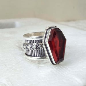 Red Garnet Coffin Ring, Spinner, Sterling Silver Gothic Ring