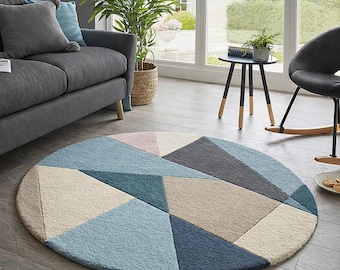 Round Hand Tufted Wool Rug - Geometric Circle Area Rug for Living Room, Modern Luxury Abstract Carpet, Boho Floor Rug, Soft Blue Grey 8x8