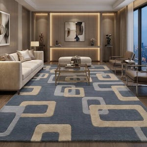 Hand Tufted Wool Rug, Mid Century Overlapping Square Area Rug, Custom Size Geometric luxury Carpet, Retro Gray and Beige Floor Rug 8x10