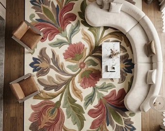 Hand Tufted Wool Floral Botanical Rug, Cream Beige Pink Living Room Carpet
