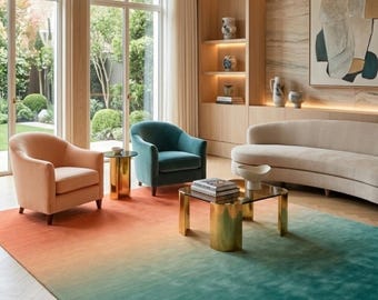 Hand Tufted Wool Rug, Terracotta Orange and Teal Green Ombre Area Rug, Modern Gradient Borderless Carpet for Living Room, Custom Size 8x10