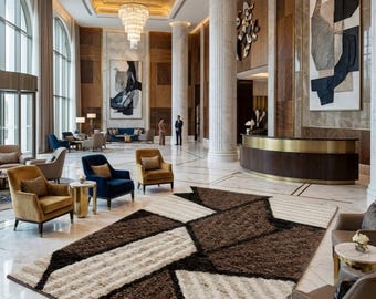 Hand Knotted Rug - Modern Geometric Wool Area Rug - Luxurious Cream Brown Large Carpet for Living Room - High Quality Abstract Rug 8x10