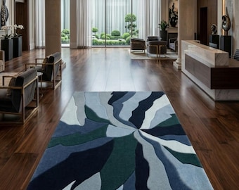 Hand Tufted Wool Rug, Modern Abstract Area Rug, Blue and Sage Green Living Room Carpet, Custom Size Tufted Rug, Luxury Bedroom Rug, 8x10