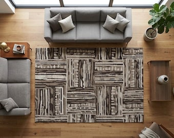 Modern Geometric Hand Knotted Wool Rug | Beige Brown Minimalist Home Decor Carpet