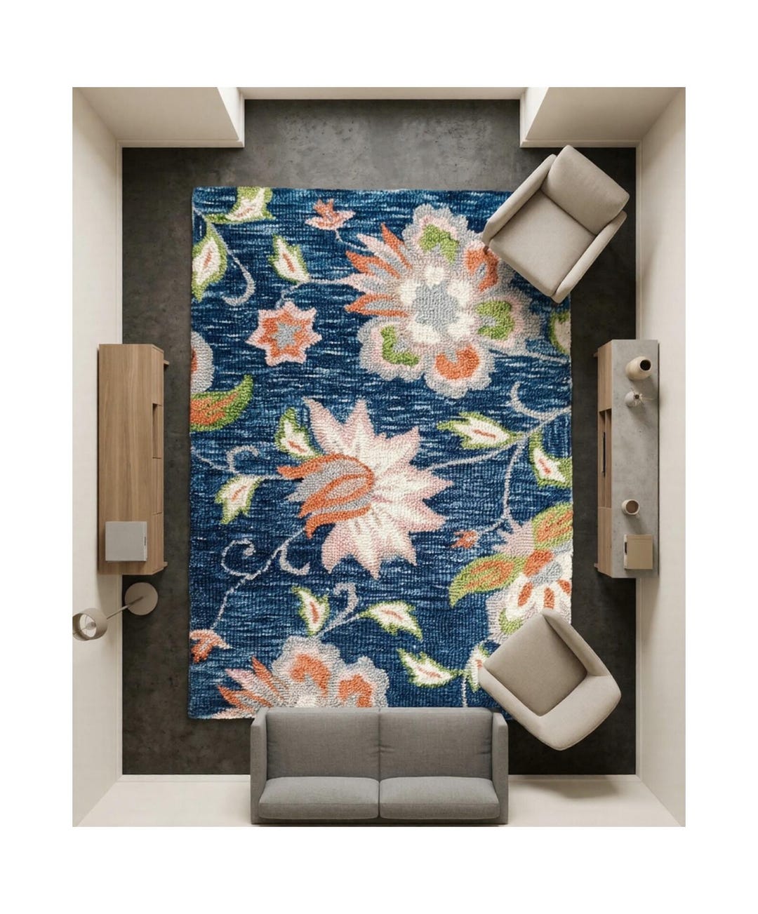 Hand Tufted Wool Rug - Blue Floral Area Rug for Living Room, Luxury ...