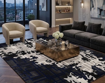 Hand Tufted Wool Rug - Navy Blue and Grey Abstract Area Rug, Modern Geometric Maze Carpet for luxury Living Room, Custom Size Rug 8x10