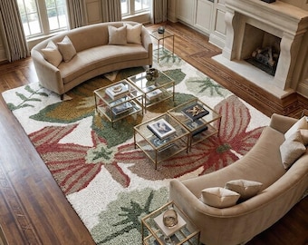 Hand Tufted Wool Area Rug - Large Floral Botanical Carpet for Luxury Living Room, Sage Green and Terracotta Aesthetic Rug, Floor Rug 8x10