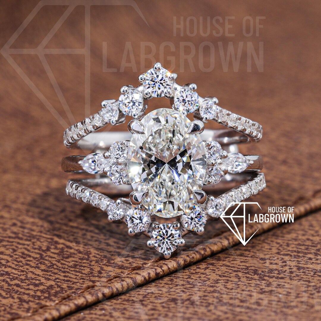 2 Carat Oval Cut Lab Grown Diamond Engagement Ring Set 14K White Gold ...