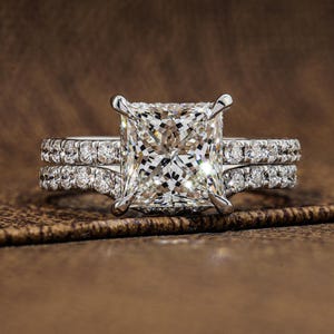 Princess Cut Lab Grown Diamond Engagement Ring Set with Matching Curved Wedding Band Pave Bridal Ring Handmade Gift for Her