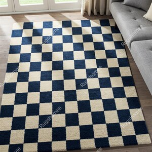 Dark Blue Off White Geometric Hand Tufted Checkboard Pattern Custom Size Premium Wool Area Rugs for Bedroom, Modern Artisan Living Room Rug