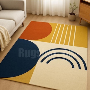 Modern Geometric Area Rug – Mid Century Abstract Carpet, Colorful Living Room Rug, Boho Minimalist Home Decor