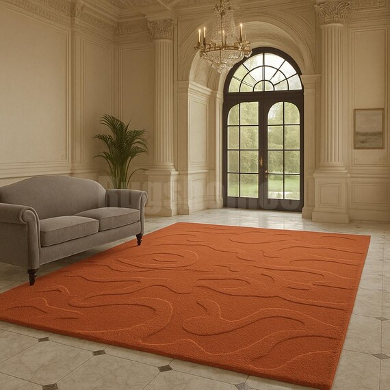 Modern Orange Area Rug – Embossed Swirl Pattern, Home Décor