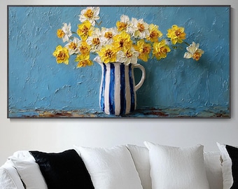 Original Elegant Abstract Yellow Floral Painting, Hand Vase Art, Living Room Decor, Modern Wall Art, 3D Textured Floral Art, Floral Wall Art