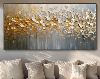 Abstrakte Blumen Ölgemälde Goldfolie Dekobild moderne neutrale Wandbilder 3D Leinwand Original Gold Weiß Kunstbild Wohnzimmer Schlafzimmer