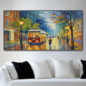 óleo urbano paisaje callejero con autobús decoración moderna para salón pintura original a mano noche ciudad luces reflejos arte colorido