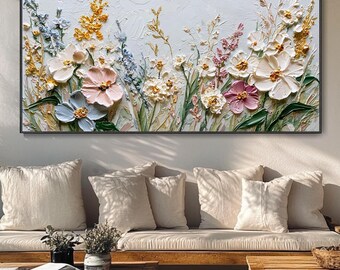 Cream Textured Wall Art Original Floral Painting On Canvas Custom Floral Frame Abstract Elegant Art Contemporary Living Room Decor Painting