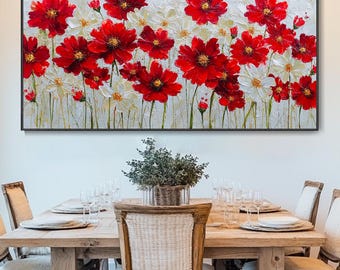 3D Original Flower Painting On Canvas Red Off-White Textured Wall Art Abstract Flower Art Living Room Wall Art Gift For Her Daisy Flower