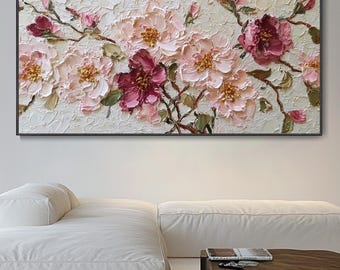 3D Textured Pink Flowers Wall Art Palette Knife Flower Oil Painting Canvas Large Rose Flower Painting Garden Inspiration Decorative Painting