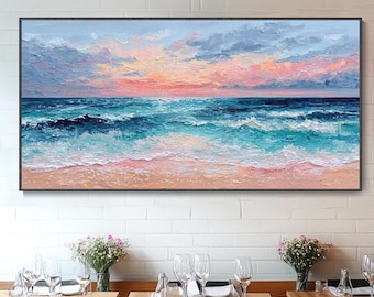 Pintura a óleo pôr do sol no mar ondas paisagem litoral pintura grande em tela decoração de parede para sala quarto hall arte marítima