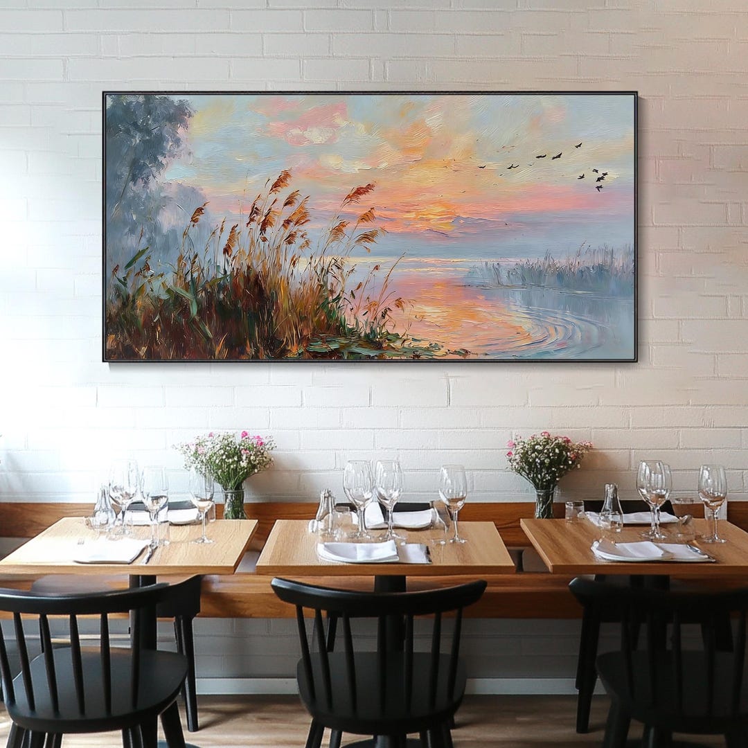 Lake Sunset Oil Painting on Canvas Tranquil Water Landscape Art Reeds ...