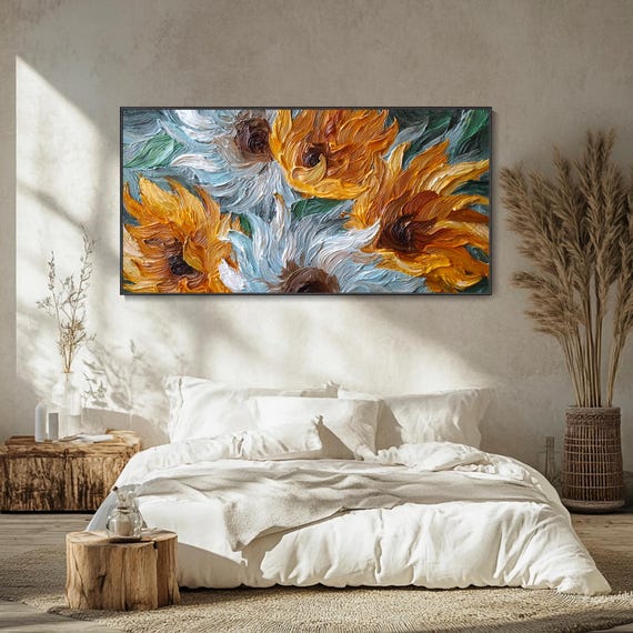 Abstract Sunflowers Canvas Oil Painting Multicolour Floral Texture Wall Art Vibrant Embossed Artwork Summer Bloom Art Yellow Botanical Art