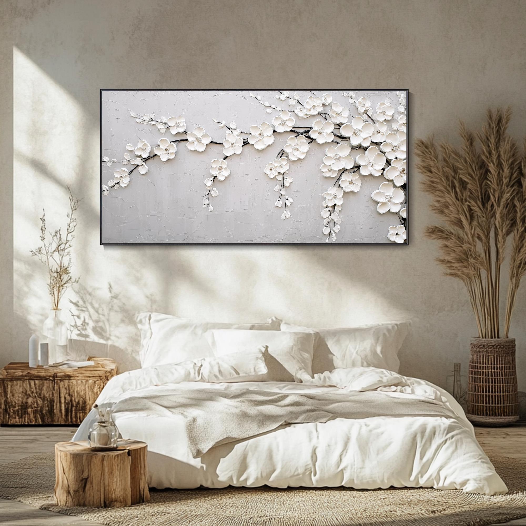 Impasto White Cherry Blossom Oil Painting, Textured 3D Floral Branch Canvas Wall Art, Neutral Gray Minimalist Flower Wall Decor, Bedroom