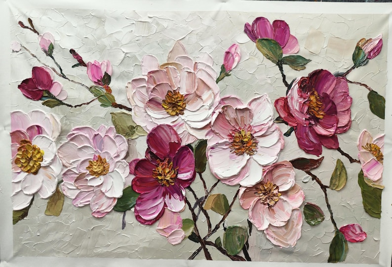 3D Textured Pink Flowers Wall Art Palette Knife Flower Oil Painting ...
