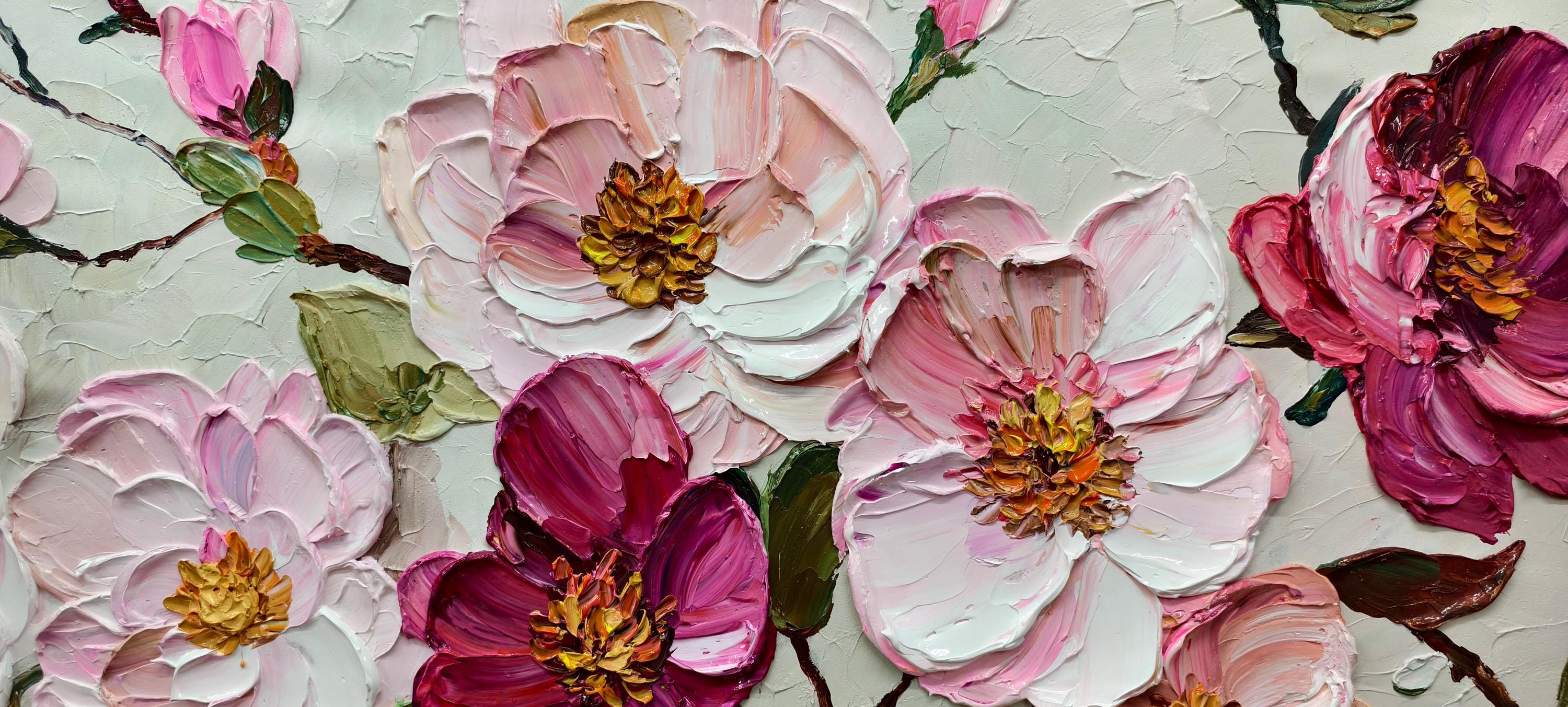 3D Textured Pink Flowers Wall Art Palette Knife Flower Oil Painting ...