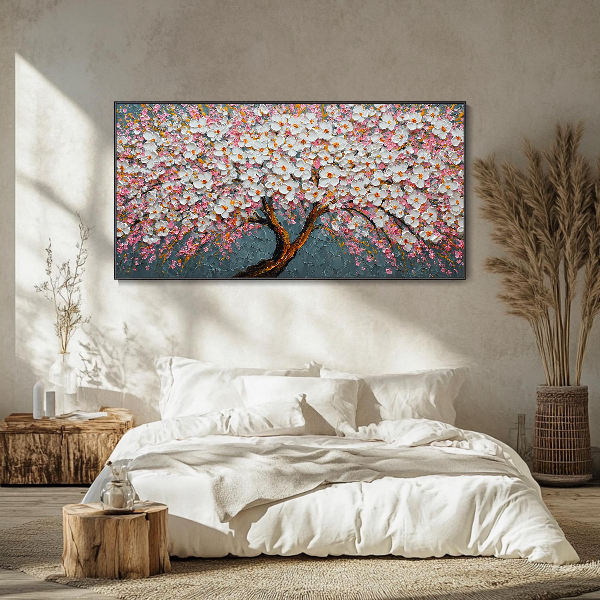 Original Floral Painting on Canvas 3D Pink Flower Tree Texture Wall Art ...