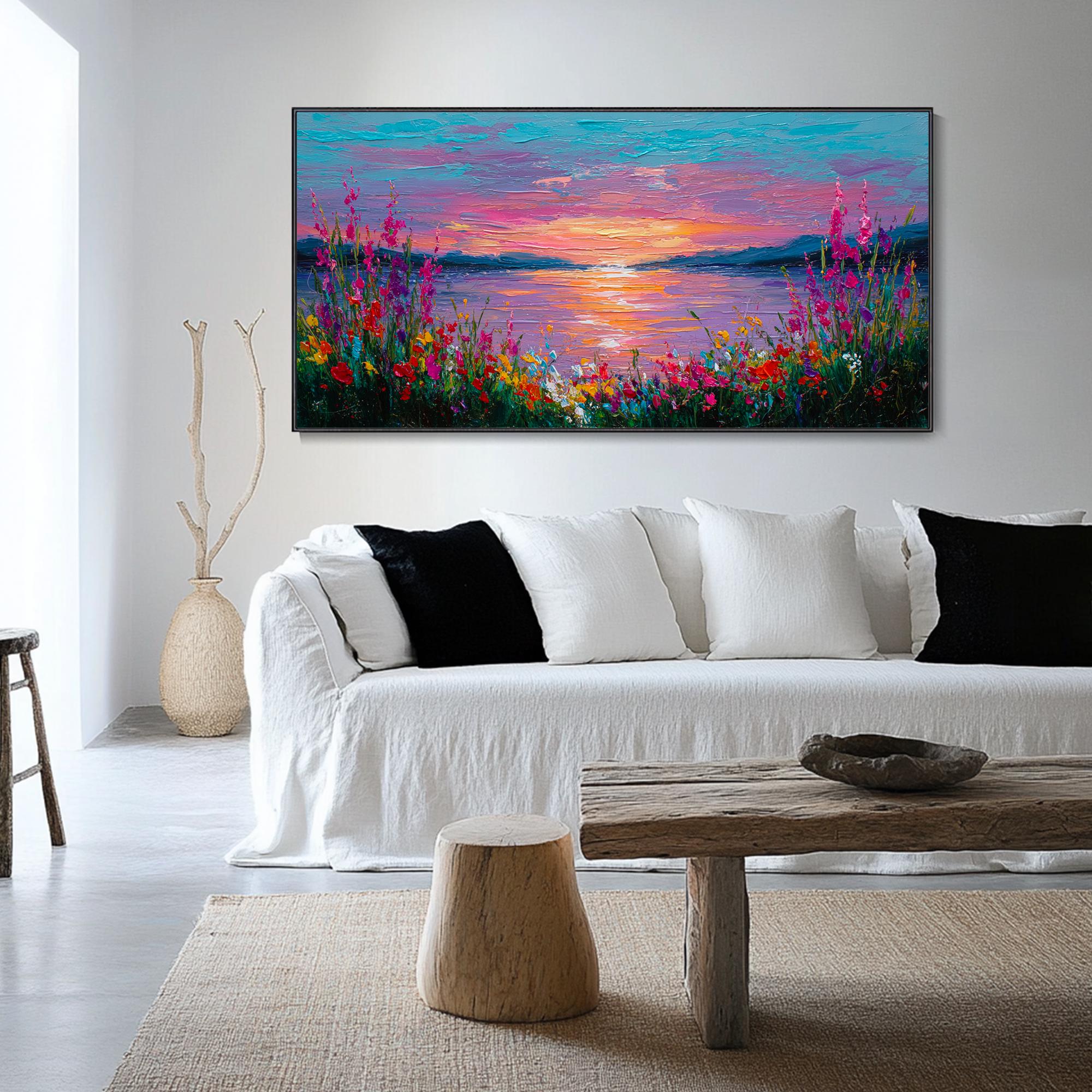 Vibrant Colorful Wildflower Textures on Canvas Sunset and Ocean Art ...