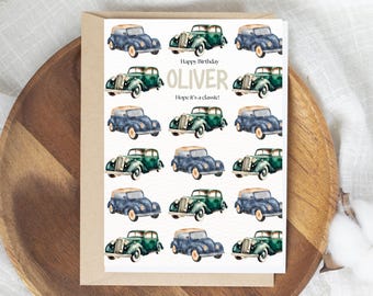 Szablon kartki urodzinowej z motywem klasycznych samochodów retro: edytowalny do druku (pobranie cyfrowe)