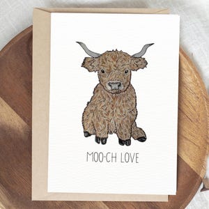 Highland Cow Card – Moo-ch Love Pun Card – Cute Farm Animal Greeting Card – Funny Scottish Cow Valentine, Anniversary or Just Because