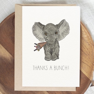 Cartão de agradecimento em forma de elefante – Elefante fofo com flores – "Muito obrigado" – Cartão de felicitações desenhado à mão