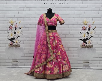 Lehenga Choli Floral de Seda Rosa Artística, Vestido de Noiva Indiano
