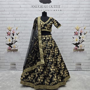 Czarna jedwabna lehenga choli z miękką siateczką dla kobiet, indyjski gotowy do noszenia komplet lehenga choli dla kobiet, wieczorowa lehenga choli, lehengas