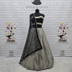 Czarna żorżetowa lehenga choli dla druhenek ślubnych dla kobiet i dziewcząt, gotowa do noszenia, indyjski strój weselny, czarna lehenga choli dla kobiet