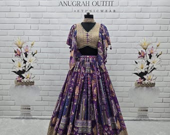 Purple Chinnon Silk Lehenga Choli: digitale print en Zari-borduurwerk